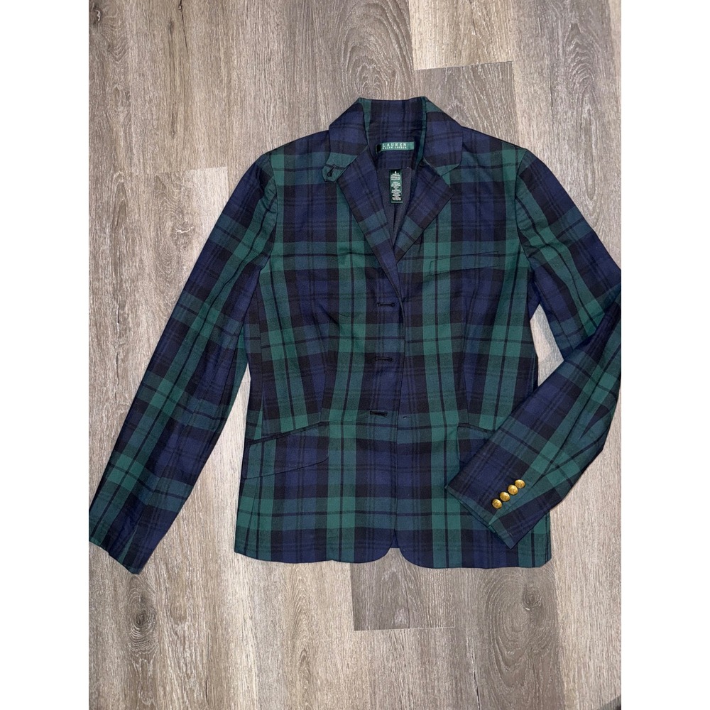 Lauren Ralph Lauren Black Watch Plaid Blazer Navy Green Tartan Jacket Sz 8
